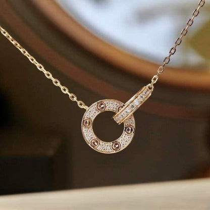 [Super CiCi ]LOVE 7.6MM NECKLACE ROSE GOLD AND SILVER  FULL DIAMOND