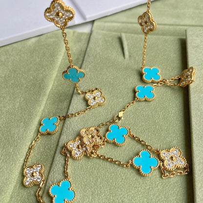 [Super CiCi ]CLOVER 20 MOTIFS TURQUOISE DIAMOND NECKLACE