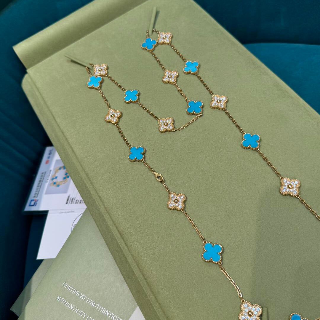 [Super CiCi ]CLOVER 20 MOTIFS TURQUOISE DIAMOND NECKLACE