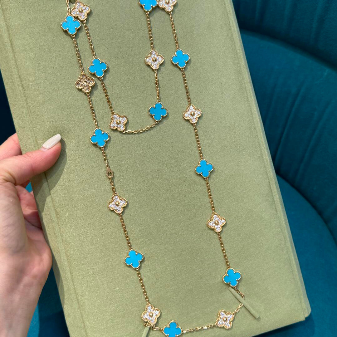 [Super CiCi ]CLOVER 20 MOTIFS TURQUOISE DIAMOND NECKLACE