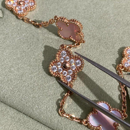 [Super CiCi ]CLOVER 10 MOTIFS DIAMOND PINK MOP NECKLACE