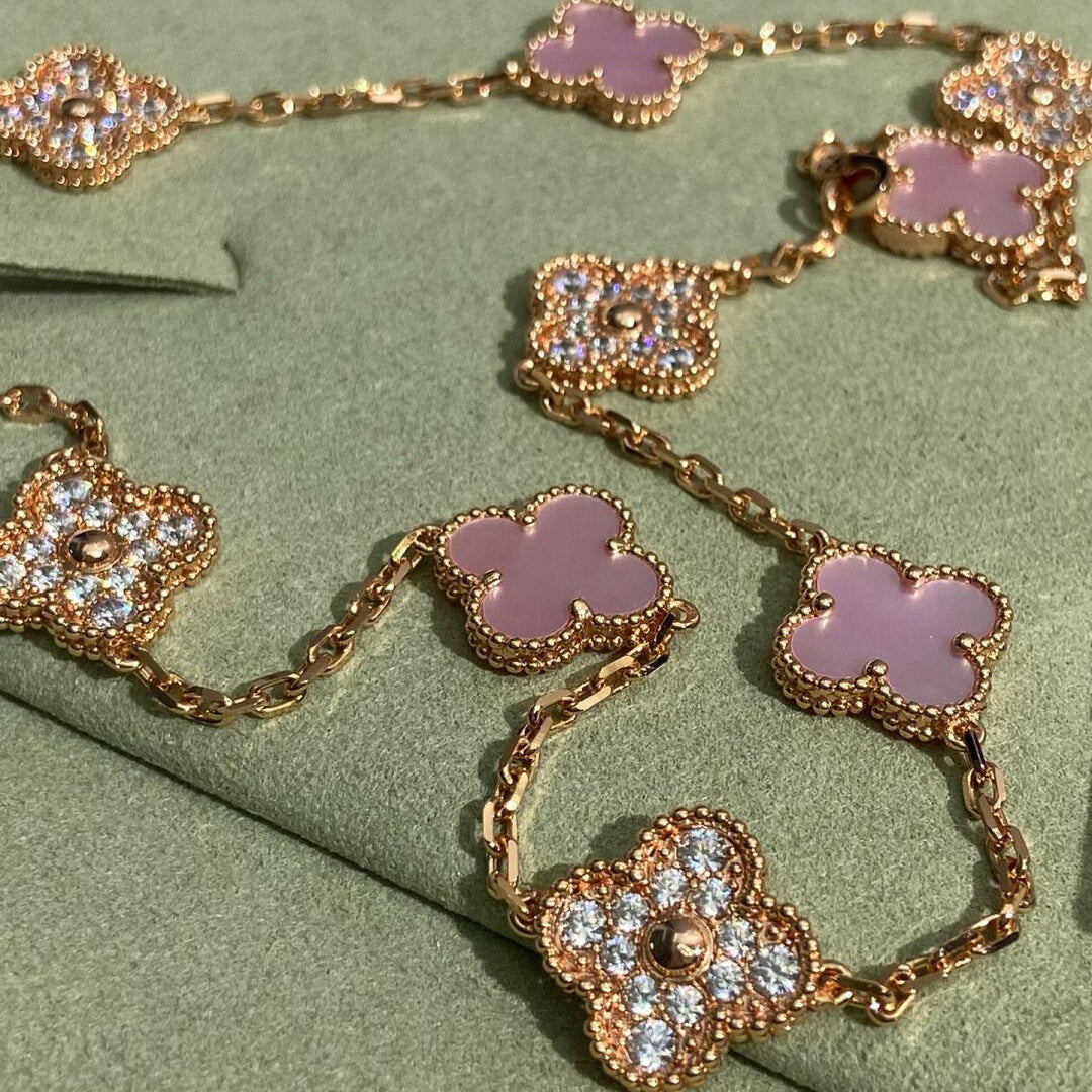 [Super CiCi ]CLOVER 10 MOTIFS DIAMOND PINK MOP NECKLACE