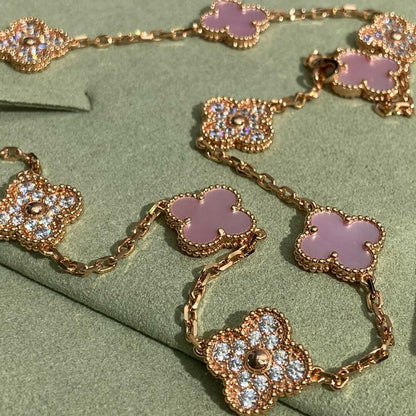 [Super CiCi ]CLOVER 10 MOTIFS DIAMOND PINK MOP NECKLACE