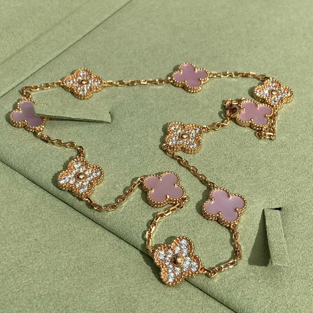 [Super CiCi ]CLOVER 10 MOTIFS DIAMOND PINK MOP NECKLACE