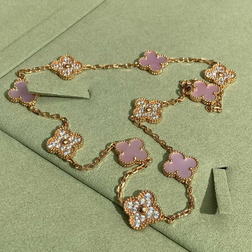 [Super CiCi ]CLOVER 10 MOTIFS DIAMOND PINK MOP NECKLACE