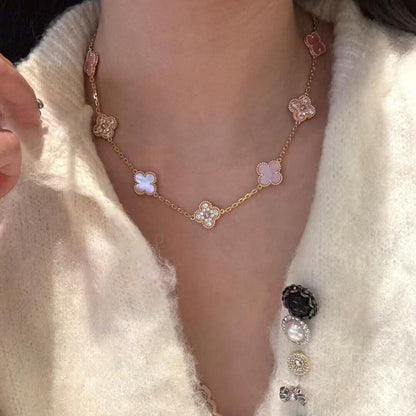 [Super CiCi ]CLOVER 10 MOTIFS DIAMOND PINK MOP NECKLACE