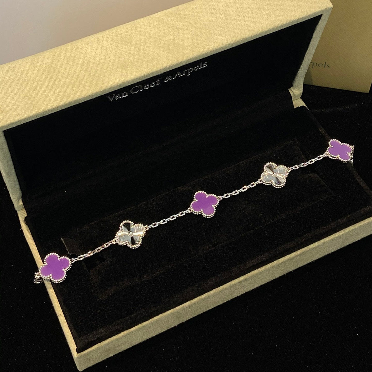 [Super CiCi ]CLOVER  5 MOTIFS  PURPLE VIOLET BRACELET SILVER