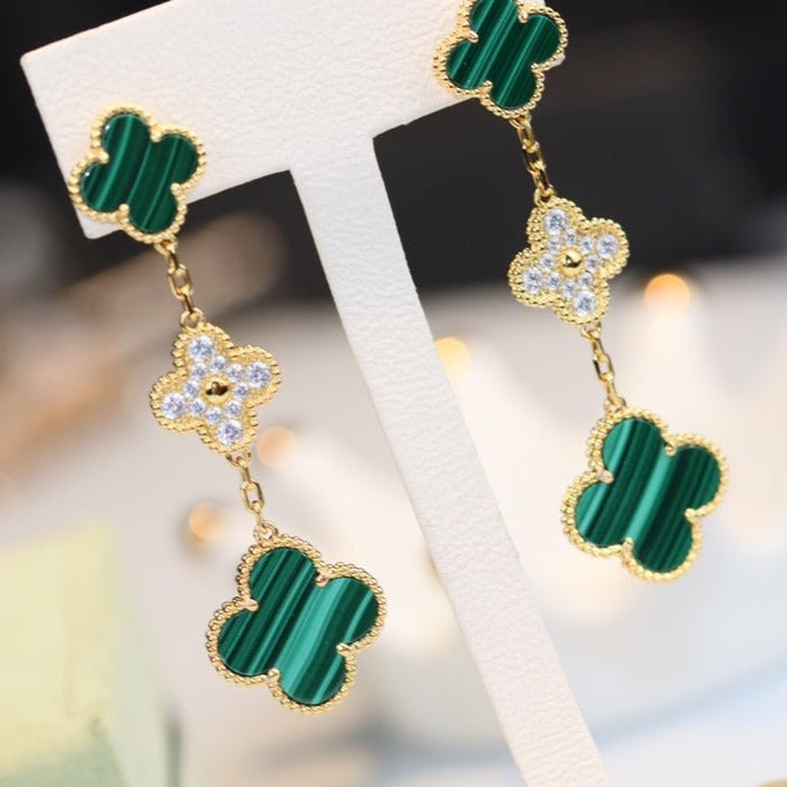 [Super CiCi ]CLOVER EARRINGS GOLD MALACHITE DIAMOND 3 MOTIF