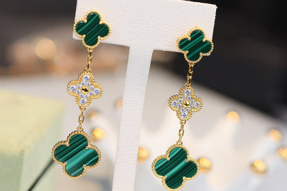 [Super CiCi ]CLOVER EARRINGS GOLD MALACHITE DIAMOND 3 MOTIF