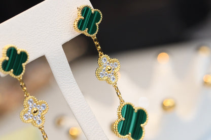 [Super CiCi ]CLOVER EARRINGS GOLD MALACHITE DIAMOND 3 MOTIF