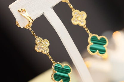 [Super CiCi ]CLOVER EARRINGS GOLD MALACHITE DIAMOND 3 MOTIF