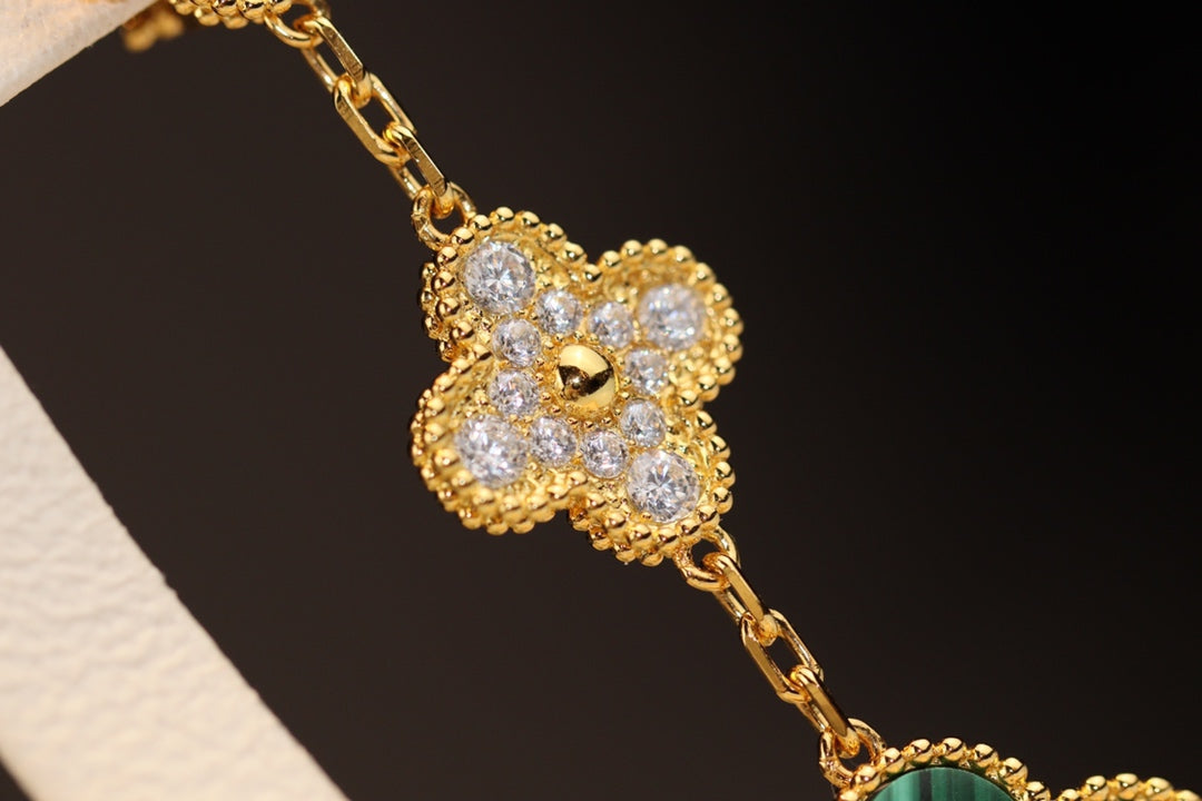 [Super CiCi ]CLOVER EARRINGS GOLD MALACHITE DIAMOND 3 MOTIF