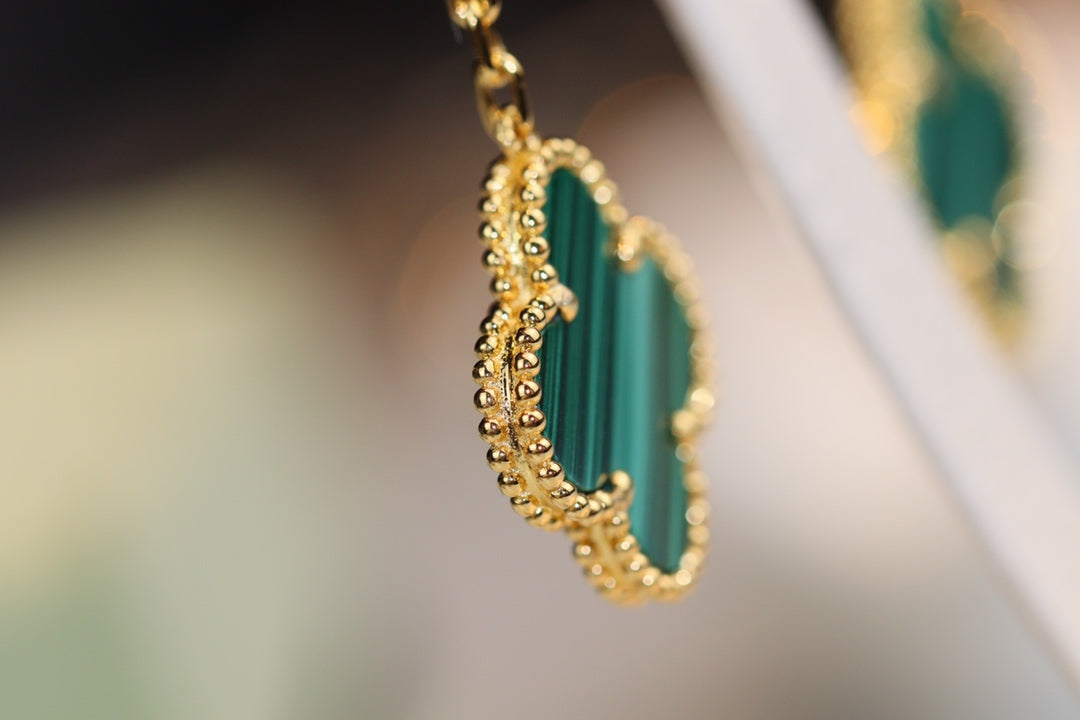 [Super CiCi ]CLOVER EARRINGS GOLD MALACHITE DIAMOND 3 MOTIF