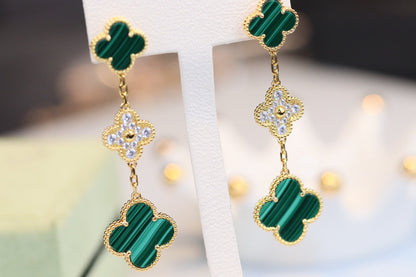 [Super CiCi ]CLOVER EARRINGS GOLD MALACHITE DIAMOND 3 MOTIF