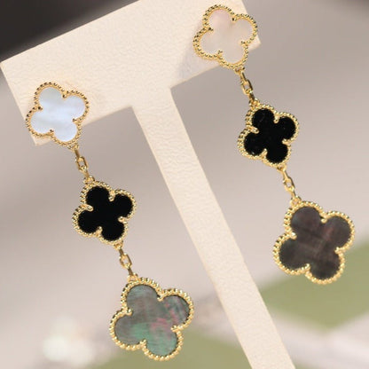 [Super CiCi ]CLOVER EARRINGS GOLD ONYX MOP 3 MOTIF