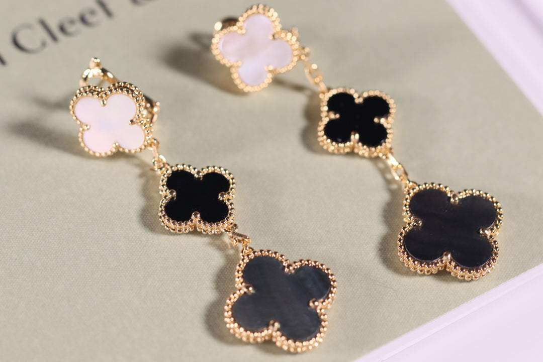 [Super CiCi ]CLOVER EARRINGS GOLD ONYX MOP 3 MOTIF