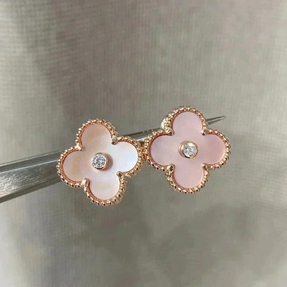 [Super CiCi ]CLOVER MEDIUM 1 MOTIFS  PINK MOP DIAMOND EARRINGS