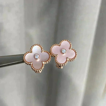 [Super CiCi ]CLOVER MEDIUM 1 MOTIFS  PINK MOP DIAMOND EARRINGS