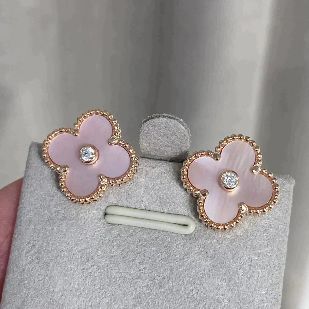 [Super CiCi ]CLOVER MEDIUM 1 MOTIFS  PINK MOP DIAMOND EARRINGS