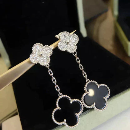 [Super CiCi ]CLOVER 2 MOTIFS  DIAMOND ONYX EARRINGS SILVER
