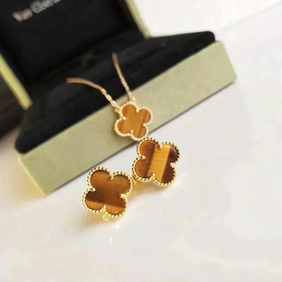 [Super CiCi ]CLOVER MEDIUM 1 MOTIFS TIGER EYE EARRINGS