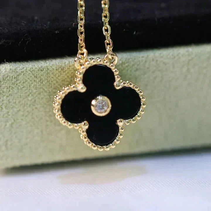 [Super CiCi ]CLOVER 15MM DIAMOND ONYX NECKLACE