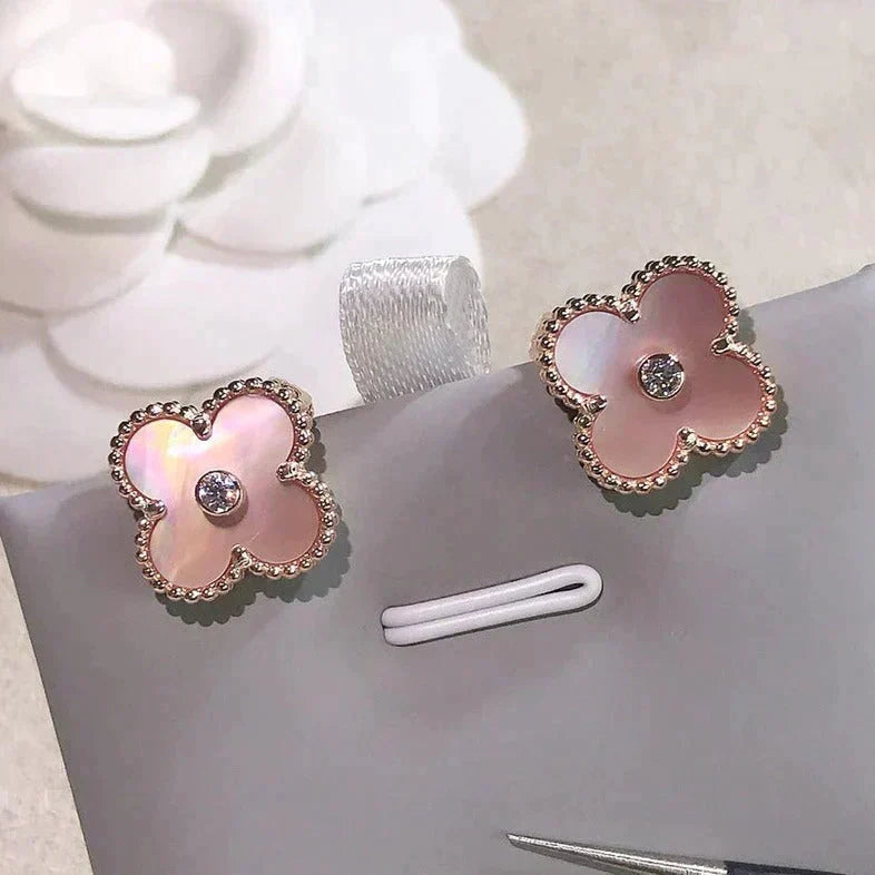 [Super CiCi ]CLOVER MEDIUM 1 MOTIFS  PINK MOP DIAMOND EARRINGS