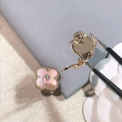 [Super CiCi ]CLOVER MEDIUM 1 MOTIFS  PINK MOP DIAMOND EARRINGS