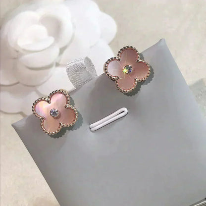 [Super CiCi ]CLOVER MEDIUM 1 MOTIFS  PINK MOP DIAMOND EARRINGS