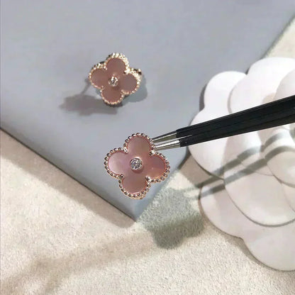 [Super CiCi ]CLOVER MEDIUM 1 MOTIFS  PINK MOP DIAMOND EARRINGS