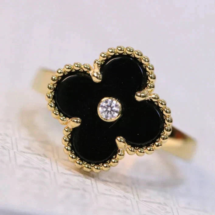 [Super CiCi ]CLOVER ONYX RING GOLD DIAMOND