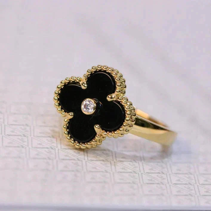 [Super CiCi ]CLOVER ONYX RING GOLD DIAMOND