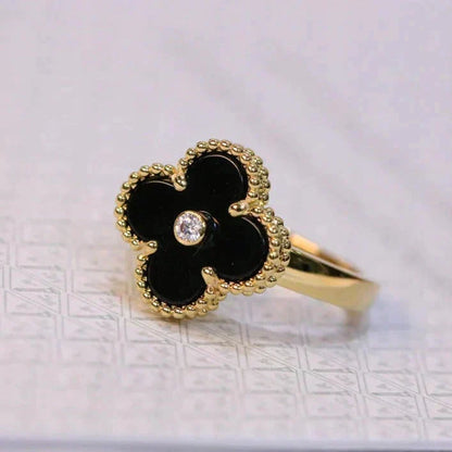 [Super CiCi ]CLOVER ONYX RING GOLD DIAMOND