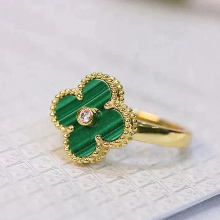 [Super CiCi ]CLOVER MALACHITE RING GOLD DIAMOND