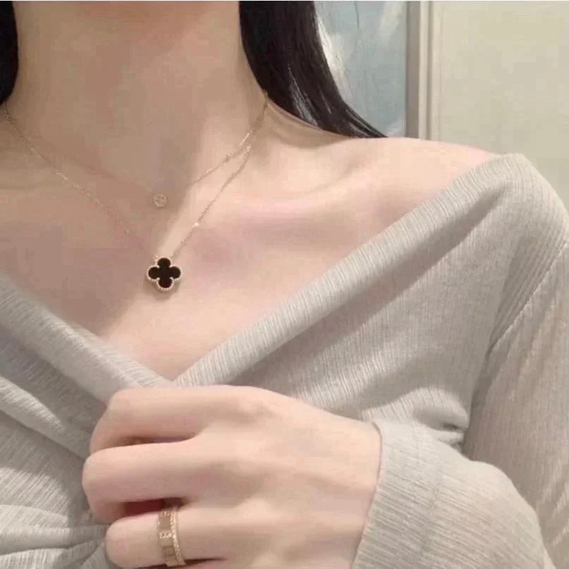 [Super CiCi ]CLOVER 15MM BLACK ONYX SINGLE FLOWER NECKLACE