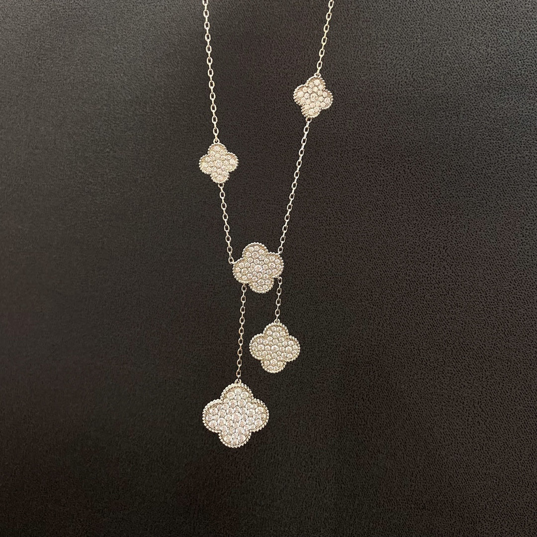 [Super CiCi ]CLOVER 5 MOTIFS SILVER DIAMONDS NECKLACE