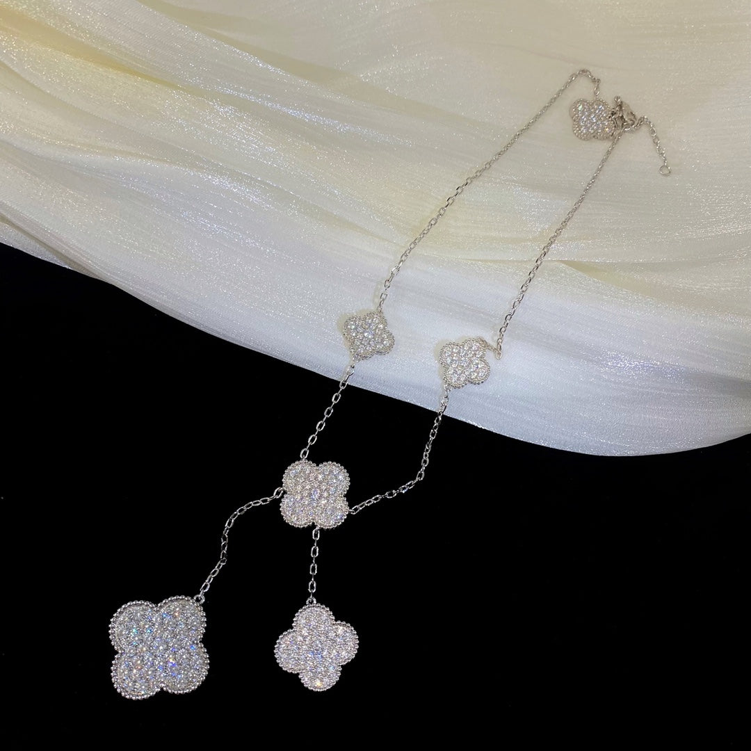 [Super CiCi ]CLOVER 5 MOTIFS SILVER DIAMONDS NECKLACE