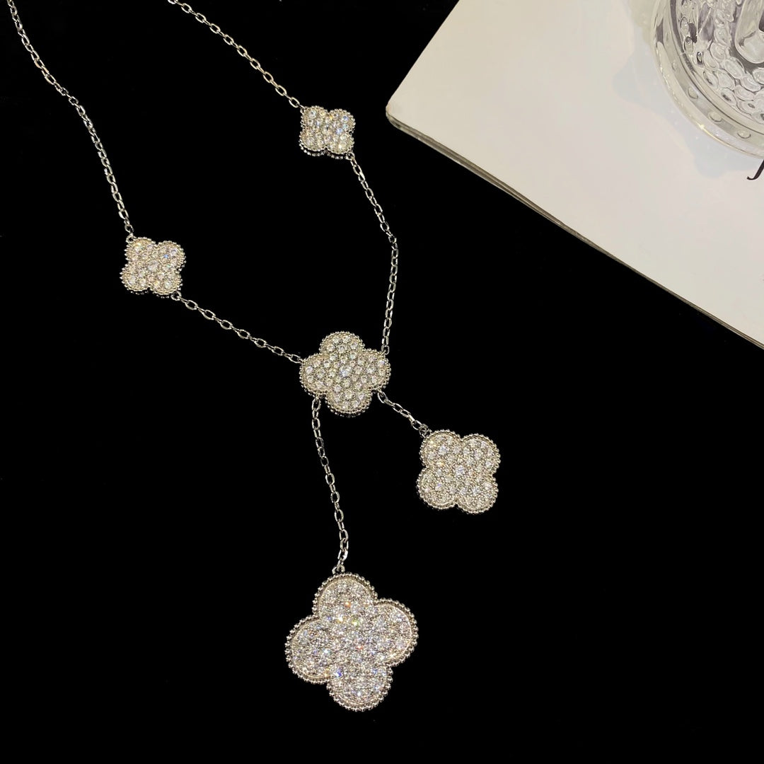 [Super CiCi ]CLOVER 5 MOTIFS SILVER DIAMONDS NECKLACE