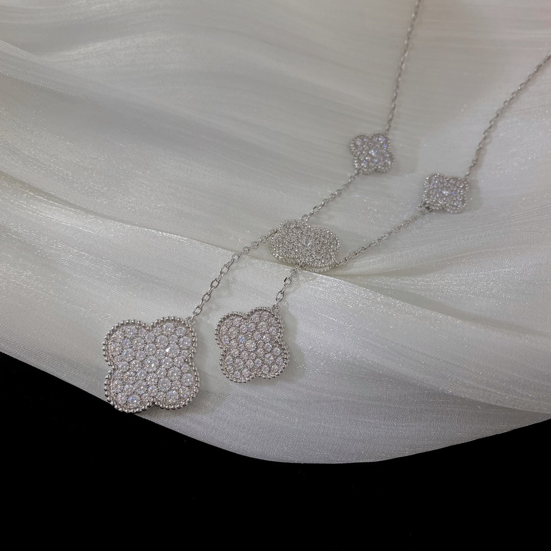[Super CiCi ]CLOVER 5 MOTIFS SILVER DIAMONDS NECKLACE