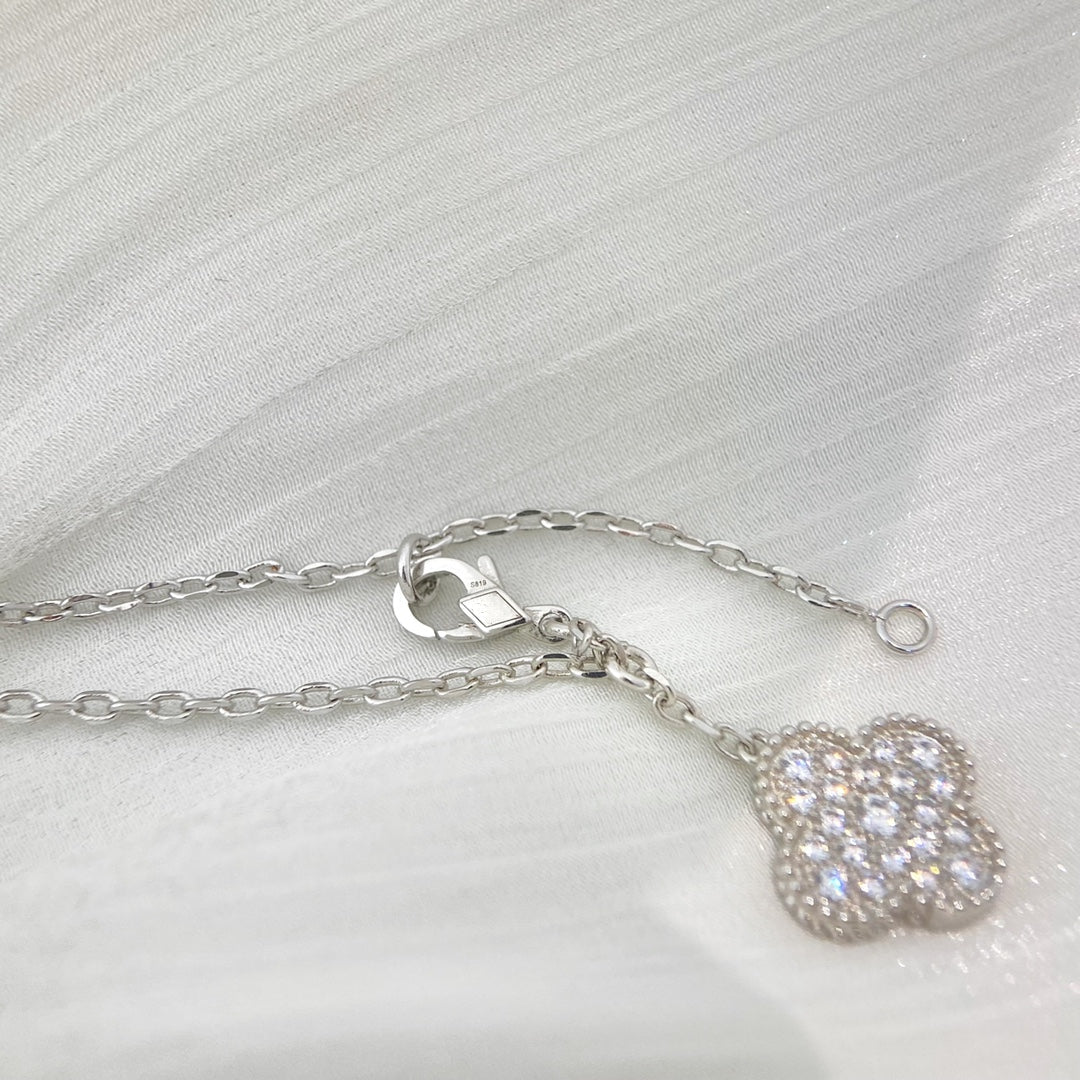 [Super CiCi ]CLOVER 5 MOTIFS SILVER DIAMONDS NECKLACE