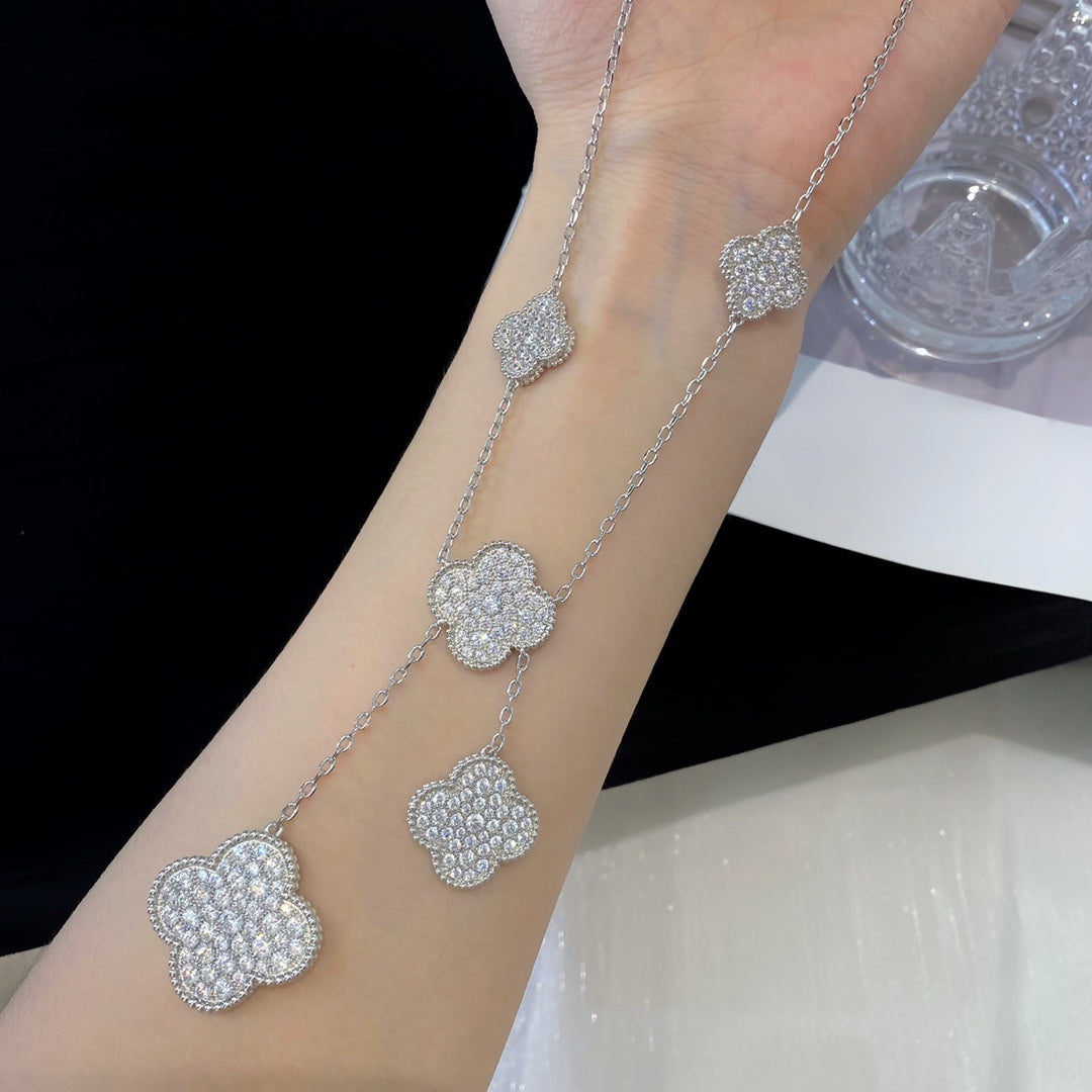 [Super CiCi ]CLOVER 5 MOTIFS SILVER DIAMONDS NECKLACE