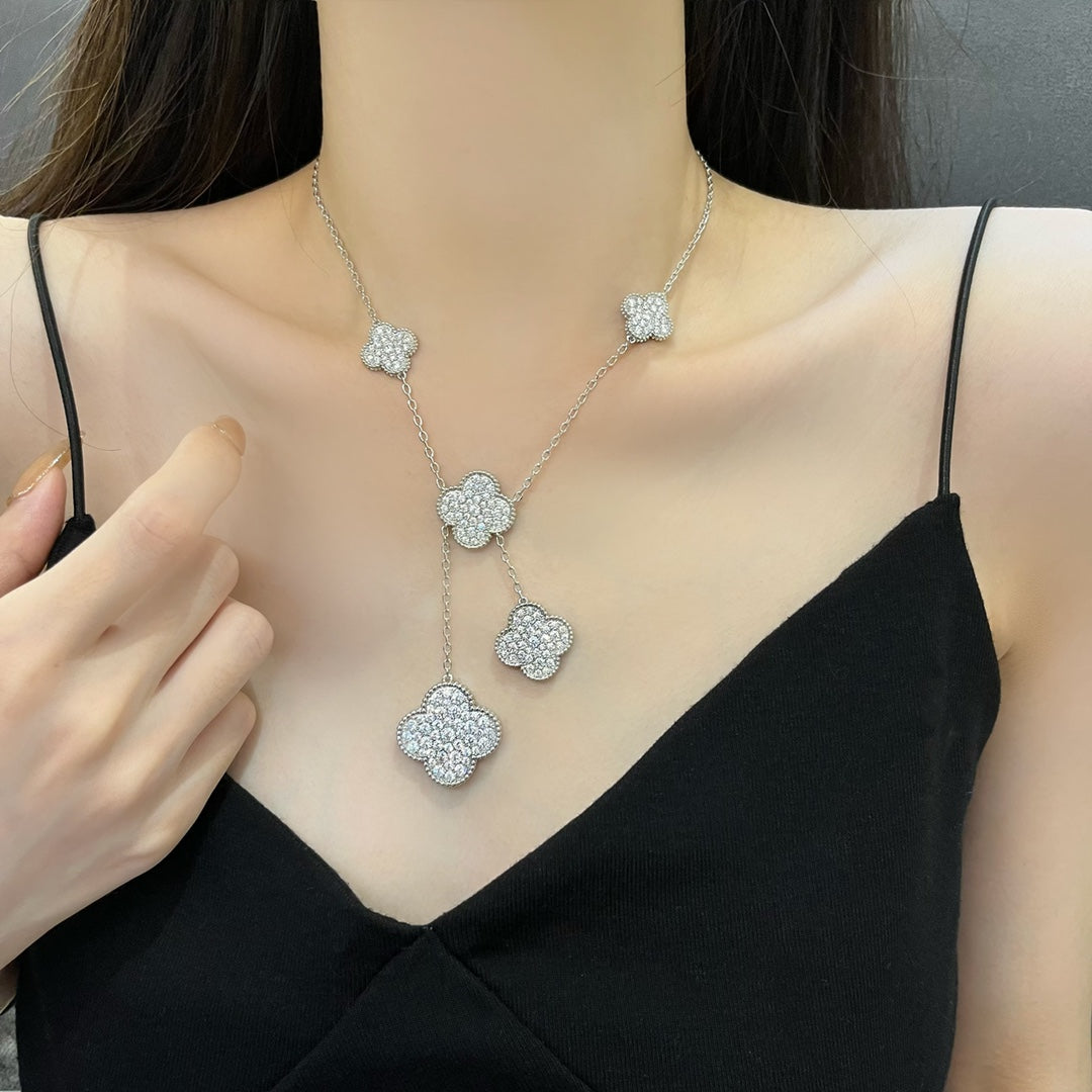 [Super CiCi ]CLOVER 5 MOTIFS SILVER DIAMONDS NECKLACE