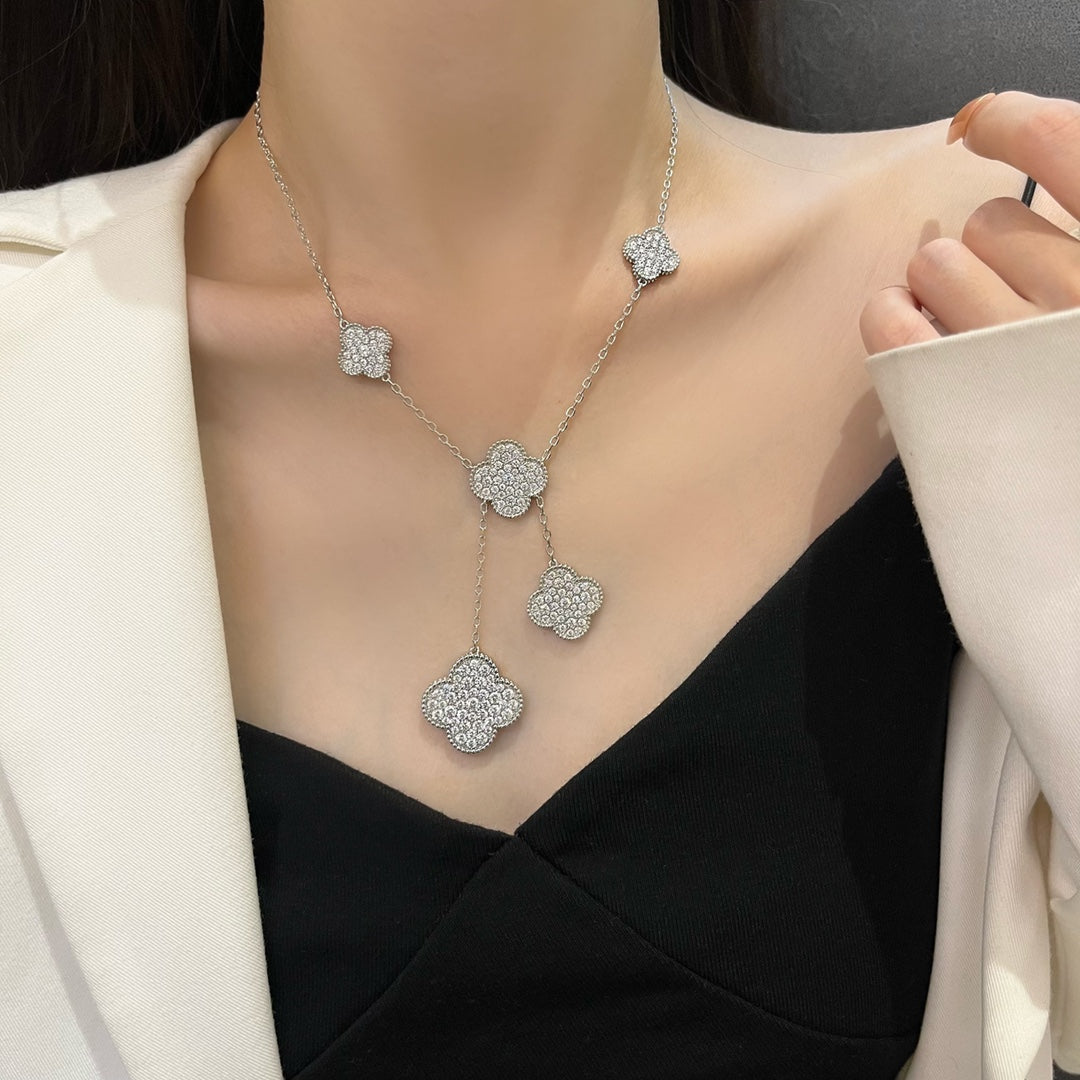 [Super CiCi ]CLOVER 5 MOTIFS SILVER DIAMONDS NECKLACE
