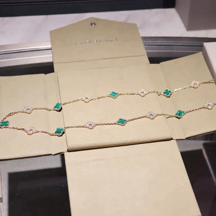 [Super CiCi ]CLOVER 20 MOTIFS MALACHITE DIAMOND NECKLACE