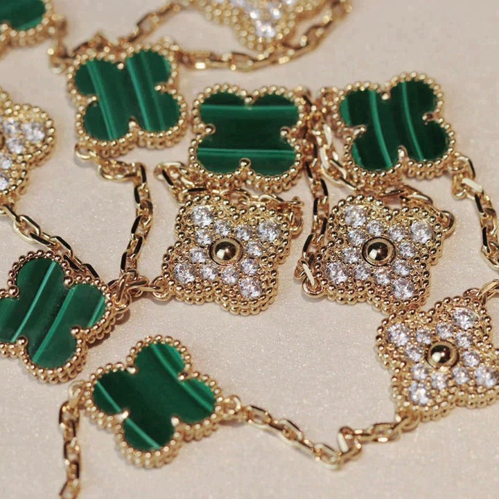 [Super CiCi ]CLOVER 20 MOTIFS MALACHITE DIAMOND NECKLACE