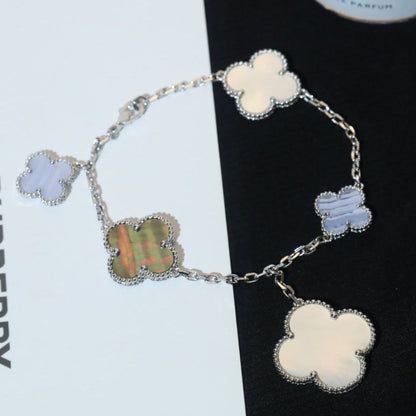 [Super CiCi ]CLOVER BRACELET 5 MOTIFS MOP CHALCEDONY SILVER