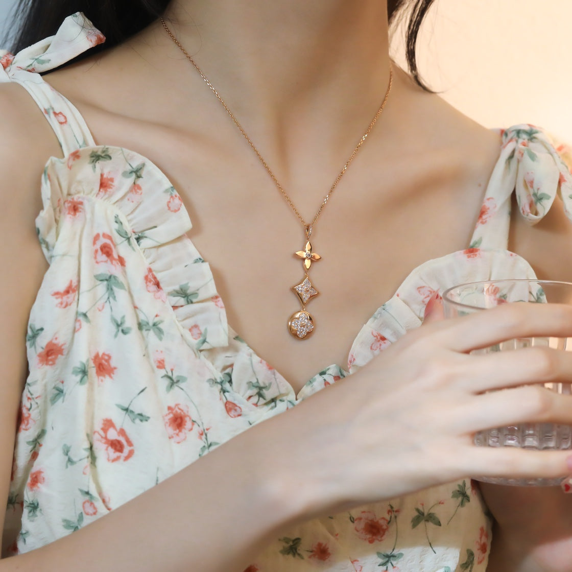 [Super CiCi ]STAR AND SUN DIAMOND PINK GOLD NECKLACE