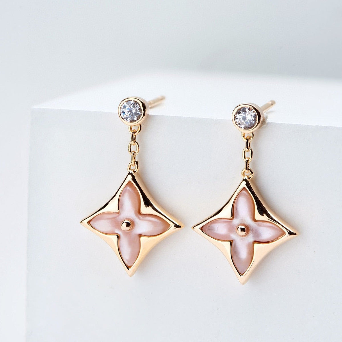 [Super CiCi ]DOUBLE STAR PINK GOLD MOP DROP EARRINGS