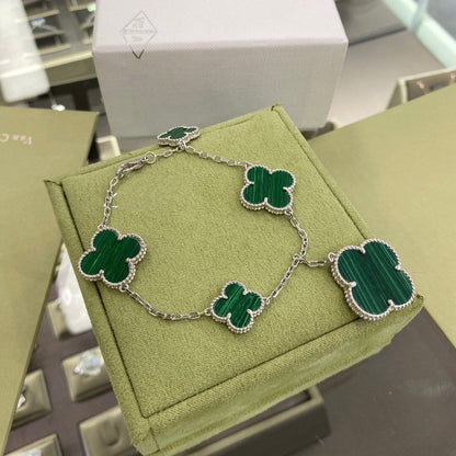 [Super CiCi ]CLOVER 5 MOTIFS SIVLER MALACHITE BRACELET