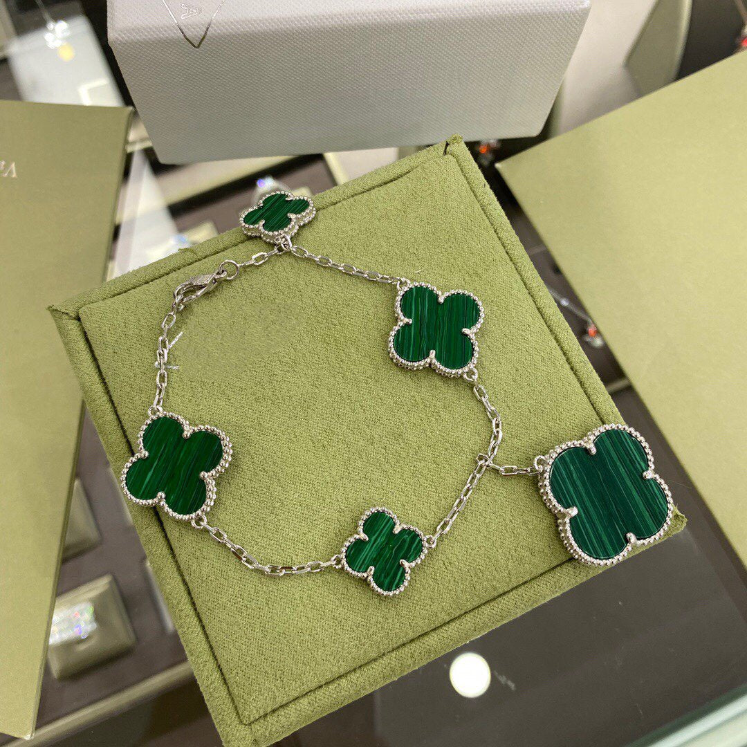 [Super CiCi ]CLOVER 5 MOTIFS SIVLER MALACHITE BRACELET